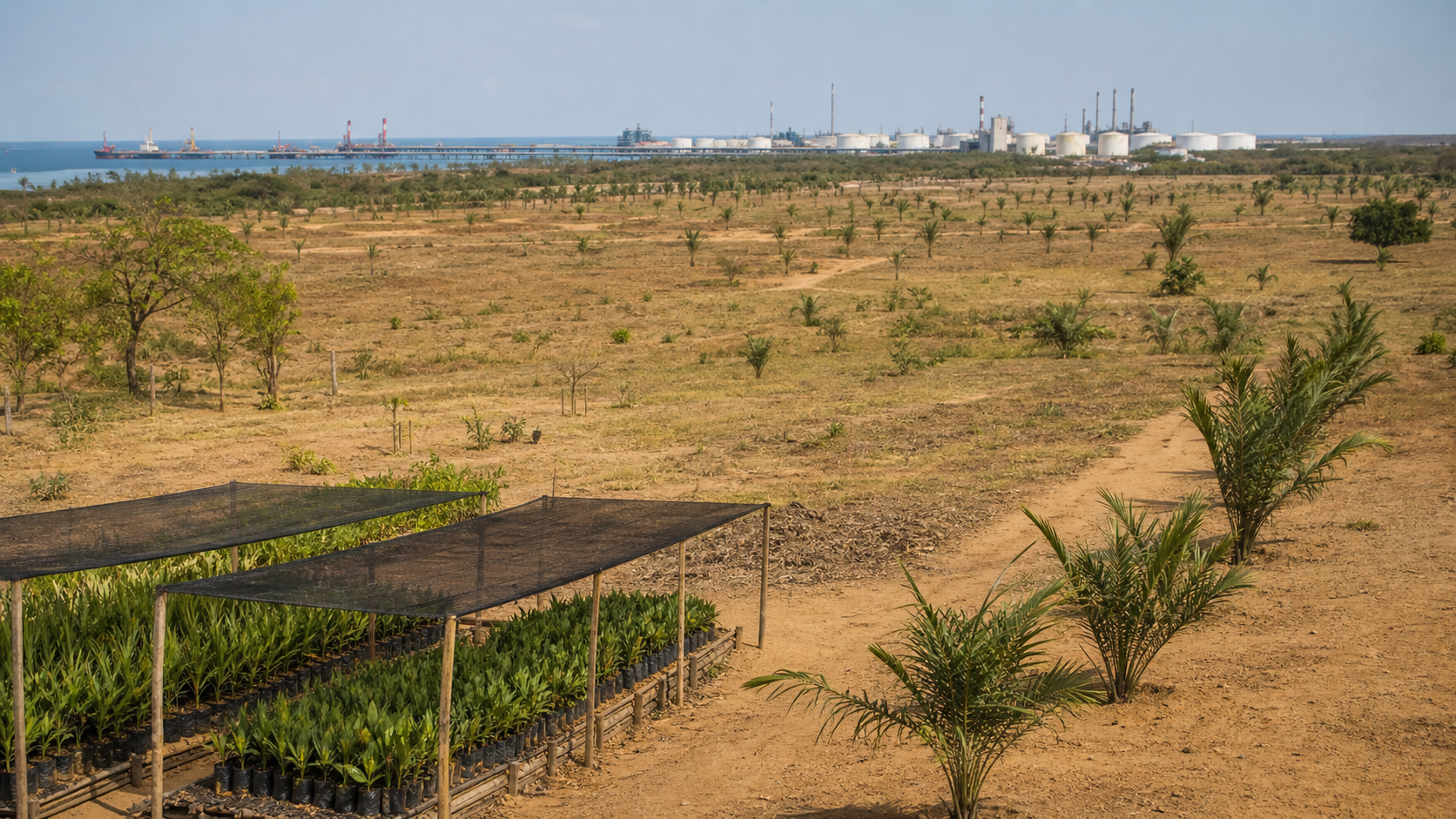 Conceptual macaúba feedstock nursery and young planting landscape with distant refinery and port infrastructure in Bahia.