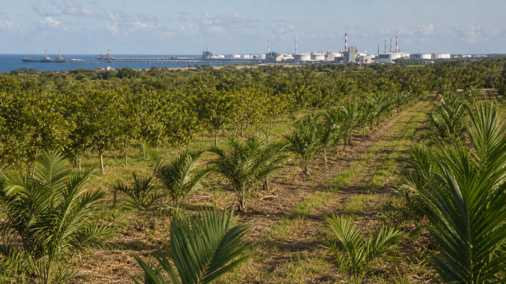 Conceptual macaúba-style perennial oil crop landscape with distant refinery and port infrastructure in Bahia.