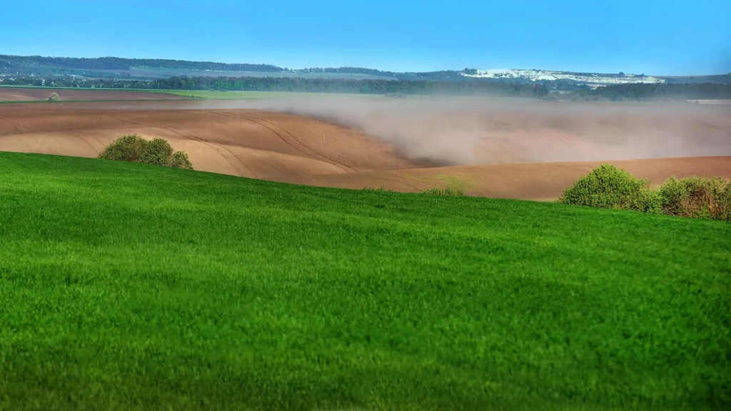 European agricultural landscape with fields and rural biomass production context.