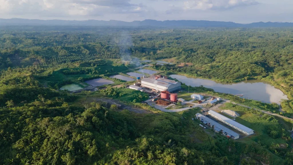 Palm oil mill and industrial infrastructure representing biodiesel feedstock logistics.