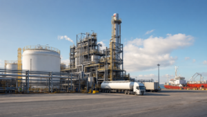 Conceptual ethanol-to-SAF industrial infrastructure with storage tanks, process equipment and port logistics.