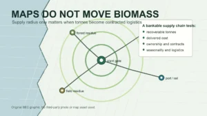 Original BEC graphic showing why biomass supply-radius maps must be converted into contracted logistics and delivered tonnes.