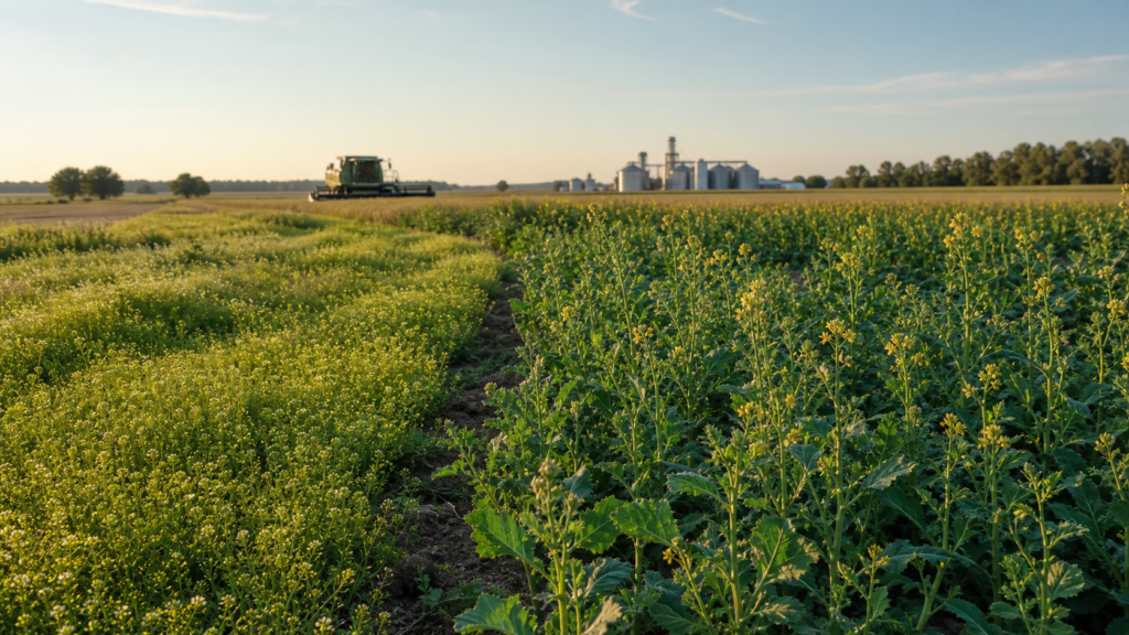 Camelina and carinata oilseed fields with harvesting and oilseed-processing infrastructure in the distance.