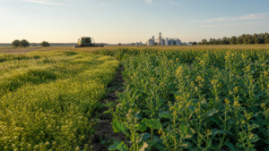Camelina and carinata oilseed fields with harvesting and oilseed-processing infrastructure in the distance.