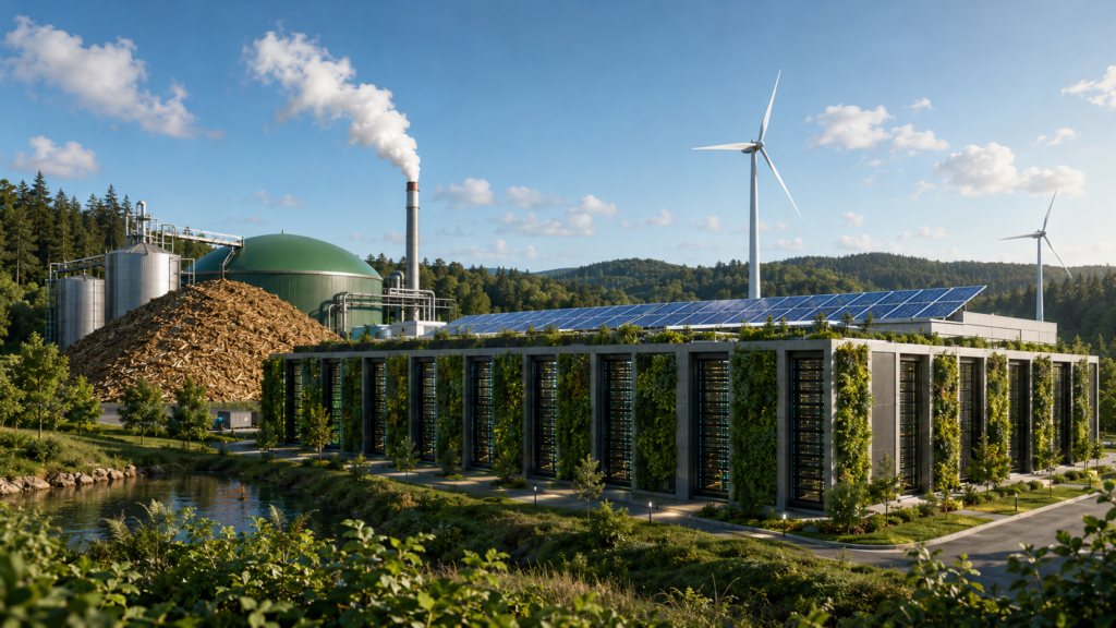 Bioenergy-backed data center energy campus with biomass, solar and wind power