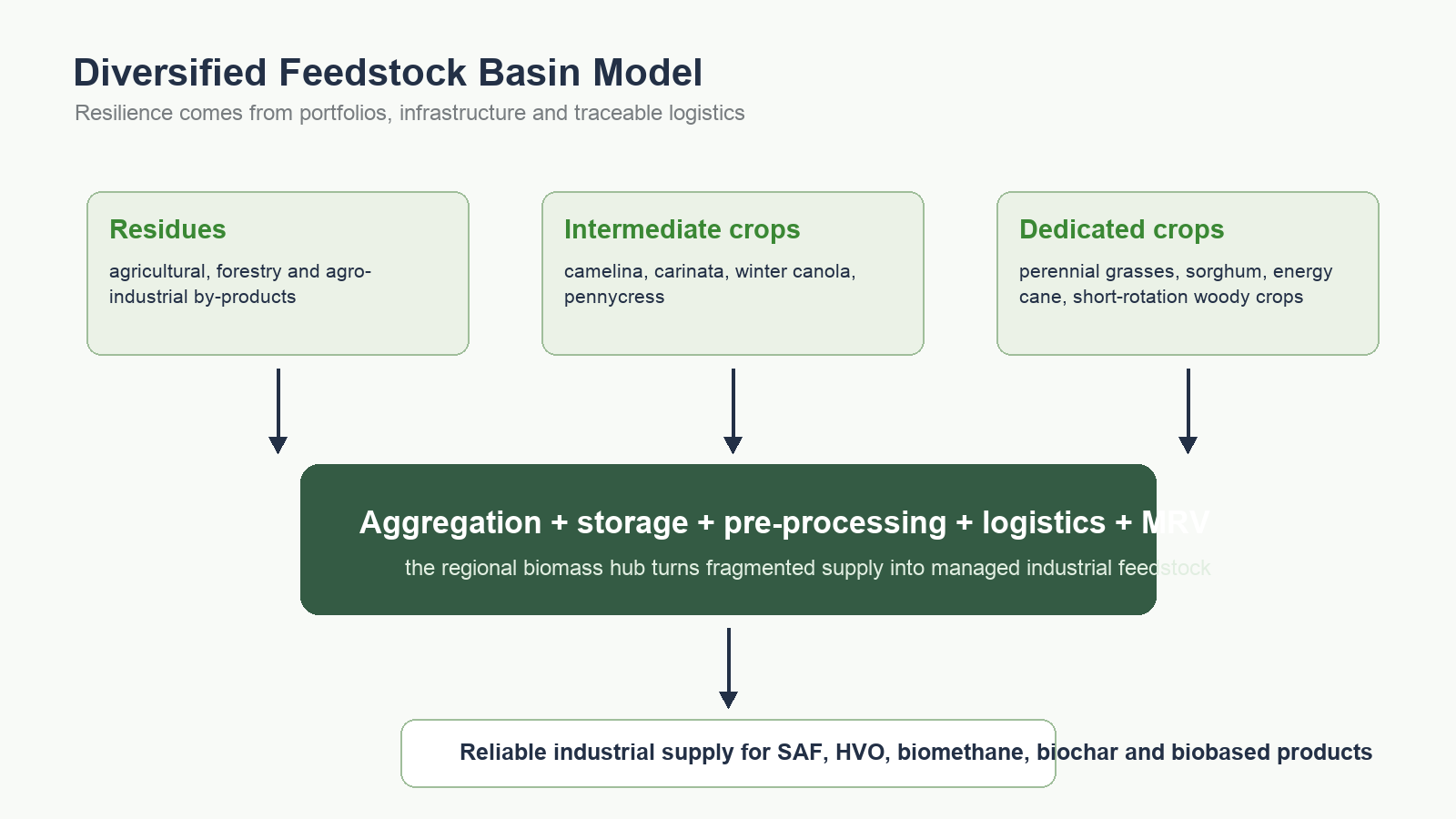 Diagram showing residues, intermediate crops and dedicated energy crops flowing through biomass hubs toward industrial supply.
