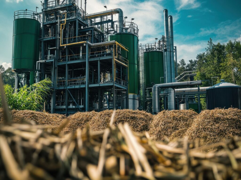 Agricultural facility with biomass feedstock in the foreground for sustainable aviation fuel supply chains