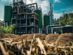 Agricultural facility with biomass feedstock in the foreground for sustainable aviation fuel supply chains