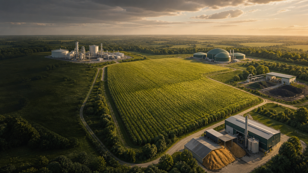 Conceptual model connecting one crop system with SAF, biomethane, biochar and industrial heat markets.