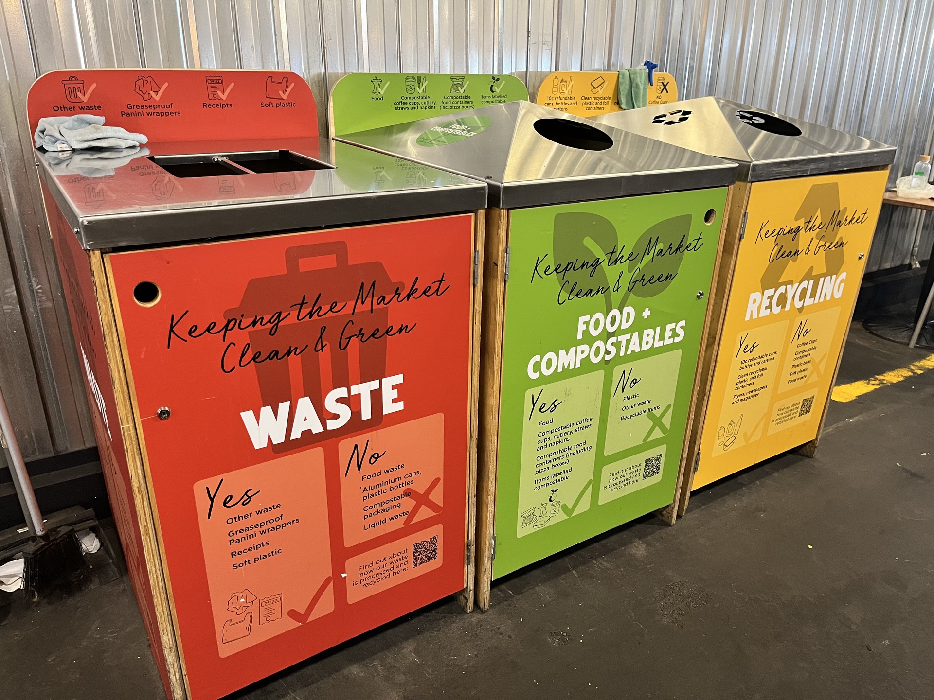 Separate collection of food and compostable waste at Adelaide Central Market, Australia, February 2025. Feedstock quality begins with separation at source. Regional collection example; a supply relationship with SA1 is unconfirmed.