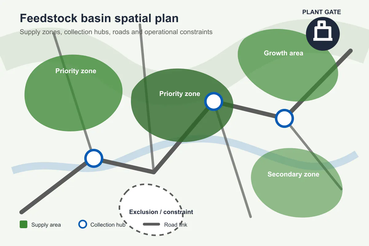 Feedstock basin spatial plan linking supply zones, collection hubs, roads, constraints and an industrial plant gate