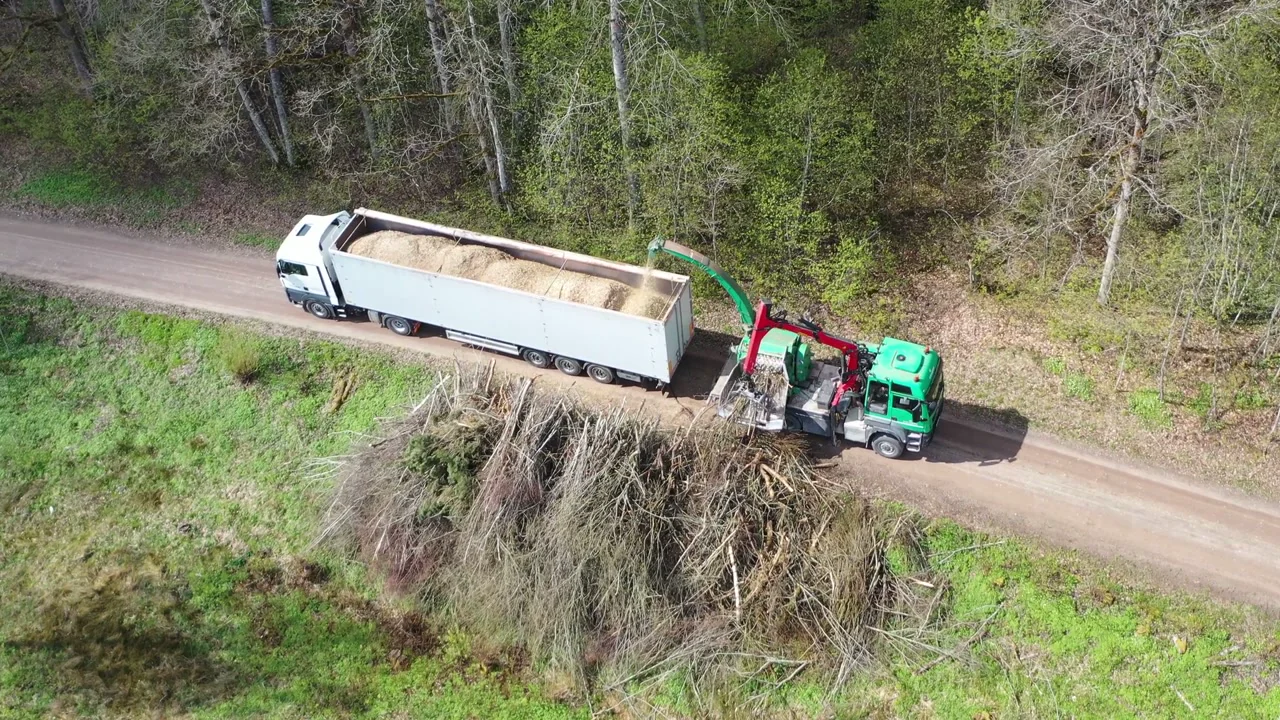 Real mobile wood-chipping operation loading biomass into a truck