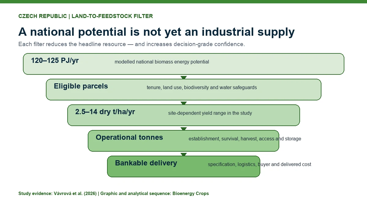 BEC diagram showing how theoretical Czech biomass potential is filtered into bankable industrial delivery