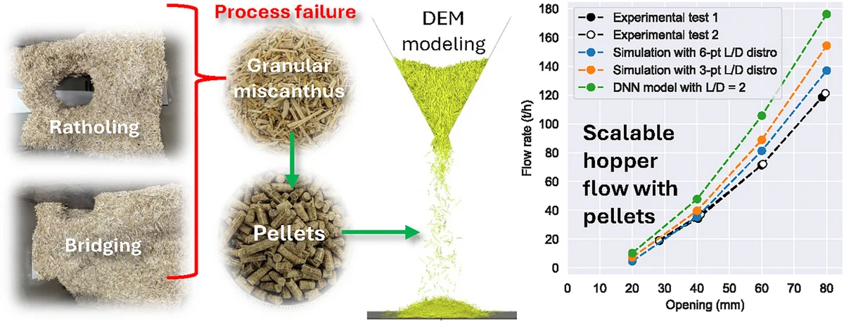 Graphical abstract comparing granular and pelletised miscanthus flow through industrial hoppers