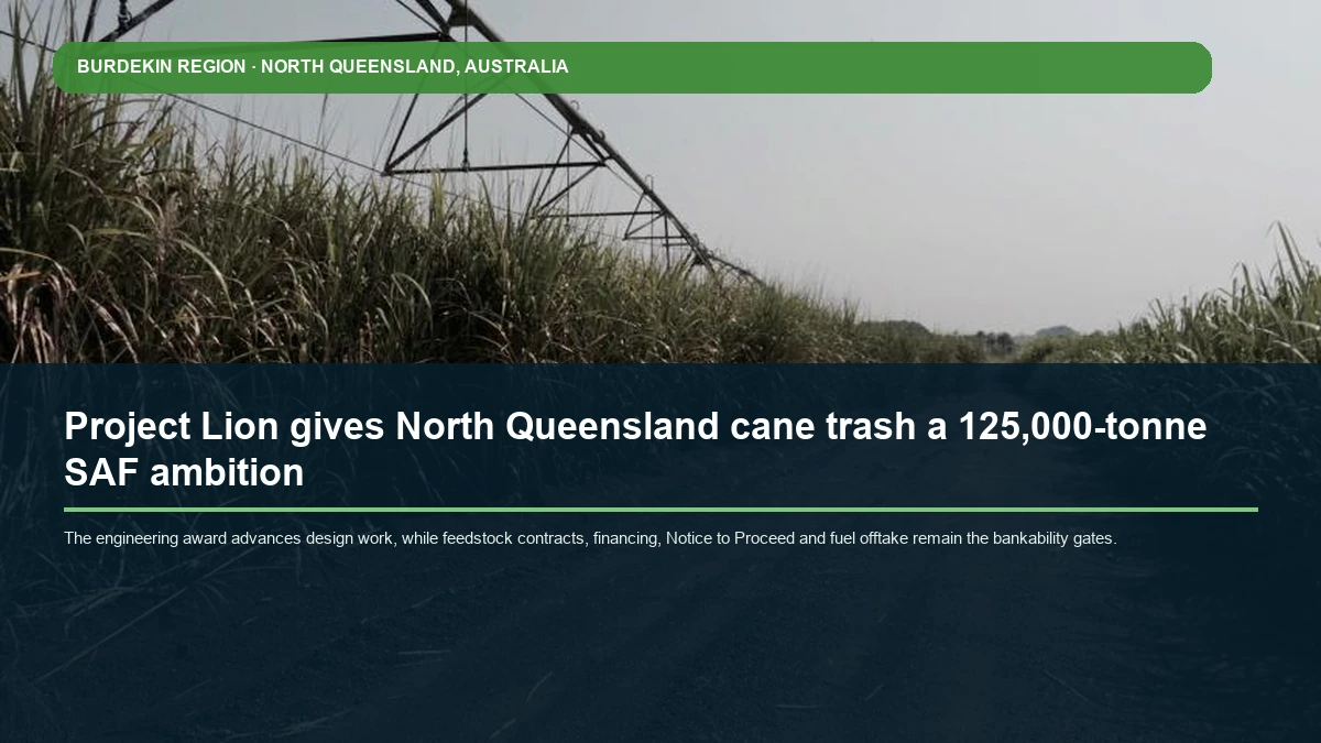BEC supply-chain diagram for sugarcane tops and trash to sustainable aviation fuel in Queensland