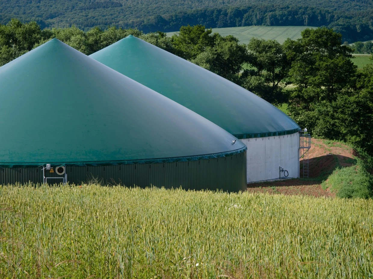 Two covered anaerobic-digestion tanks in a rural landscape