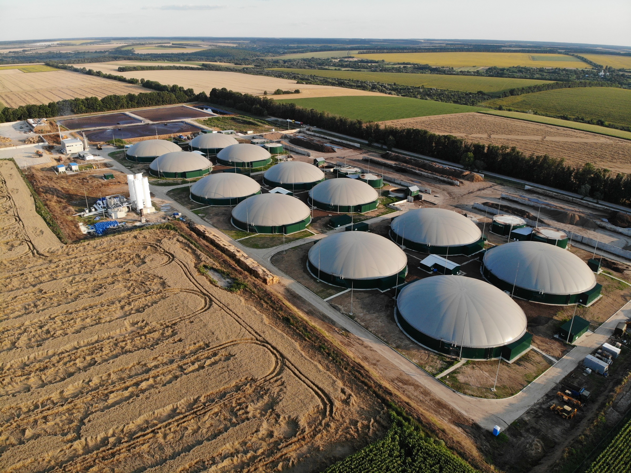 Industrial biomethane complex surrounded by agricultural land