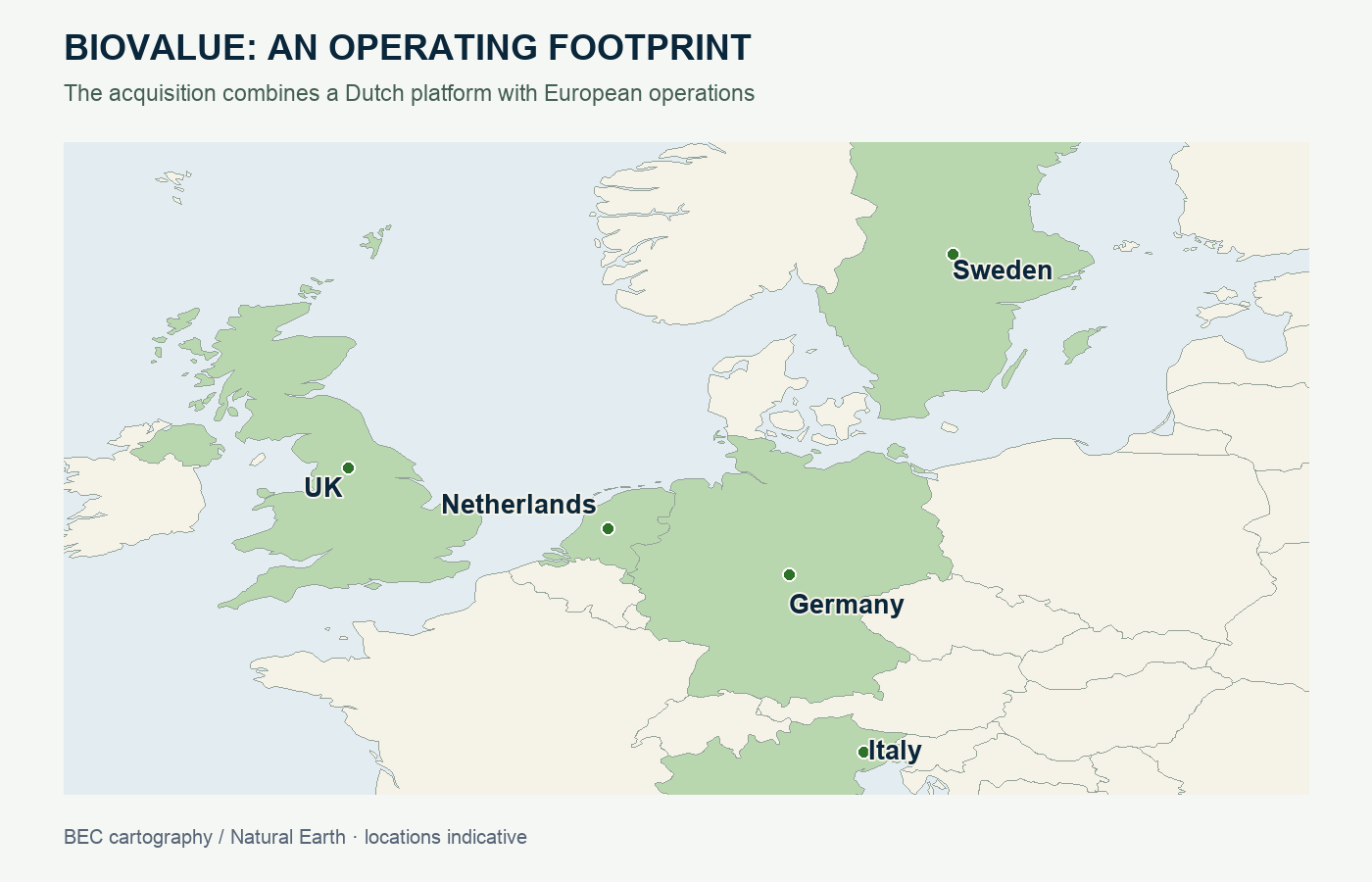 BioValue’s reported operating geography includes these European countries and the United States. Country locations indicate service scope, rather than individual assets.