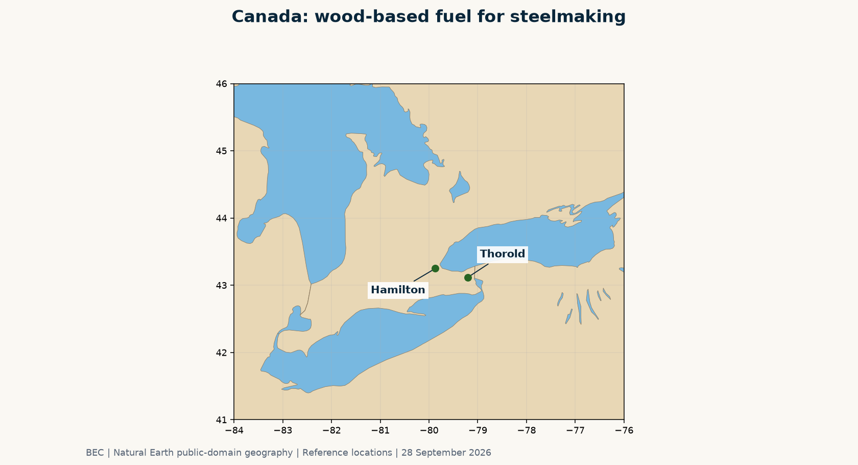 Thorold and Hamilton, Ontario, Canada. The wood-to-biocarbon plant and its named steelmaking customer are located in the same province.