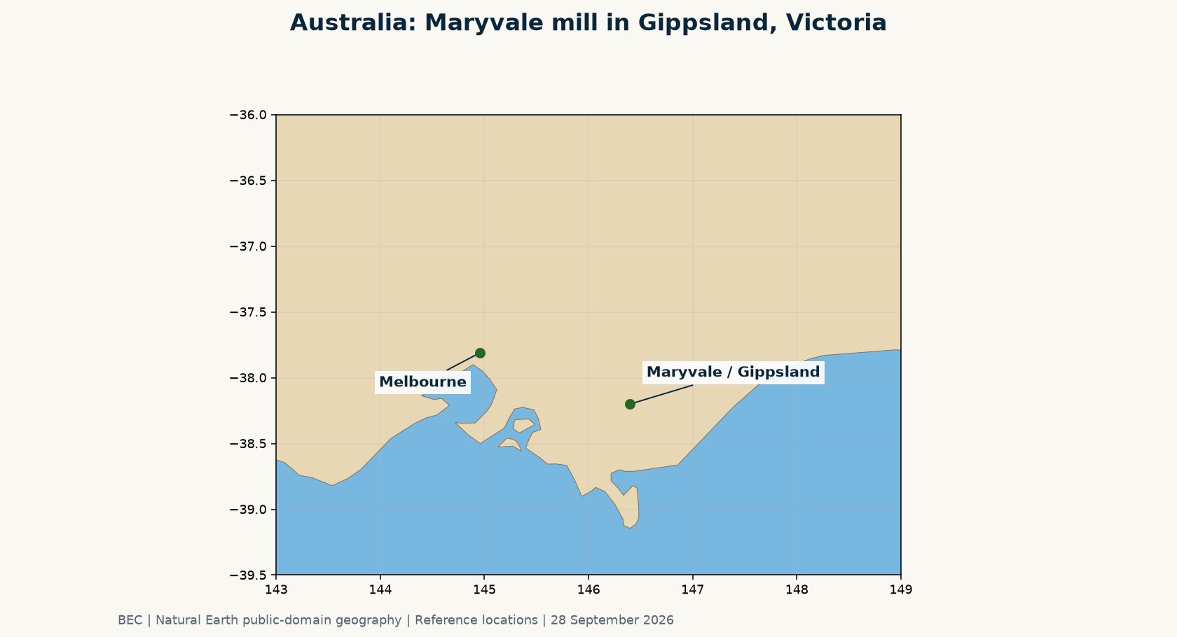 Maryvale mill in Gippsland, Victoria, Australia. Local biomass availability will shape the proposed biogas project; Melbourne provides a regional reference point.
